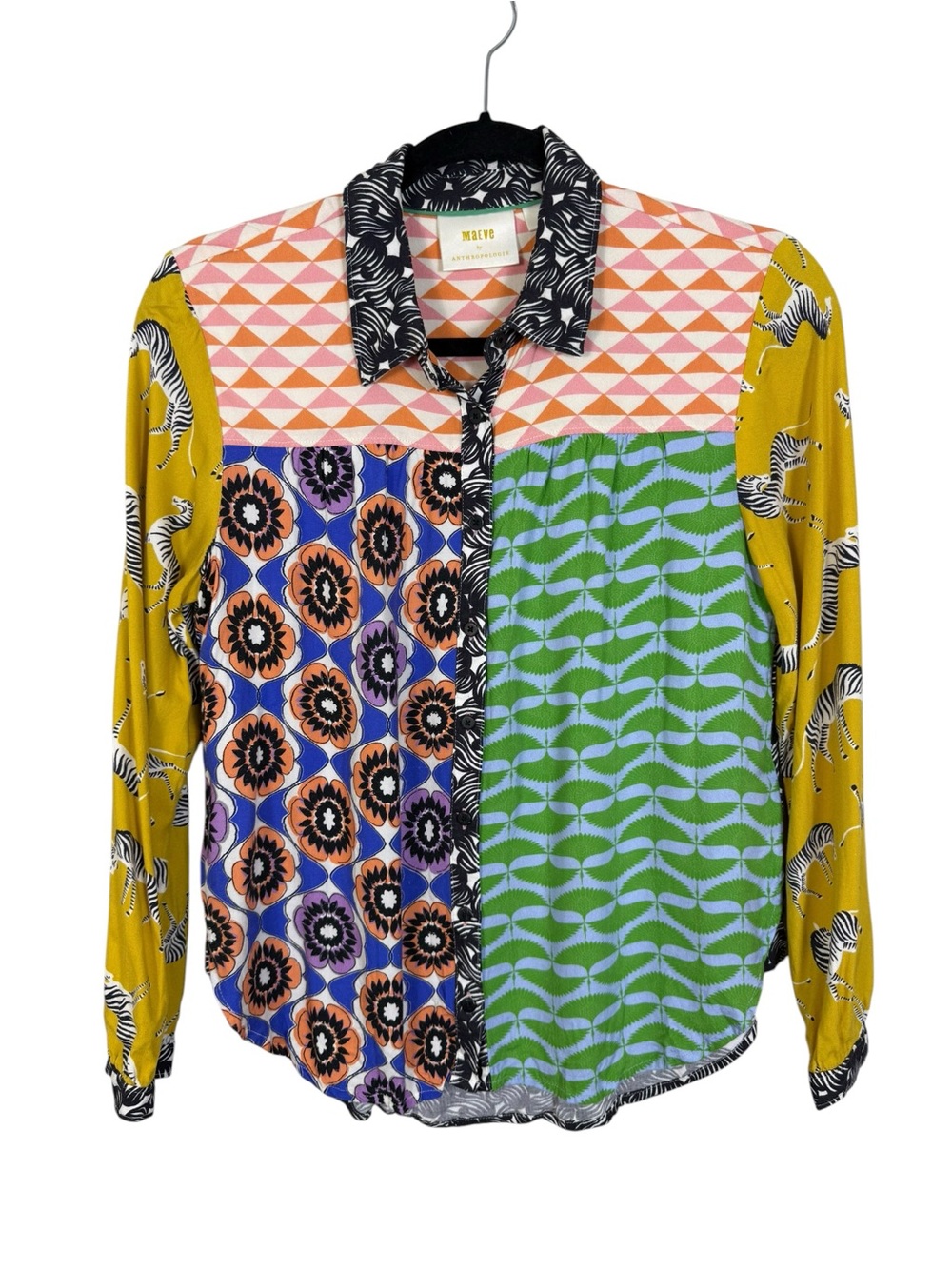 Anthropologie Maeve The Paz Mixed Print Button Down Zebra Floral Geometric Top S - Picture 2 of 5